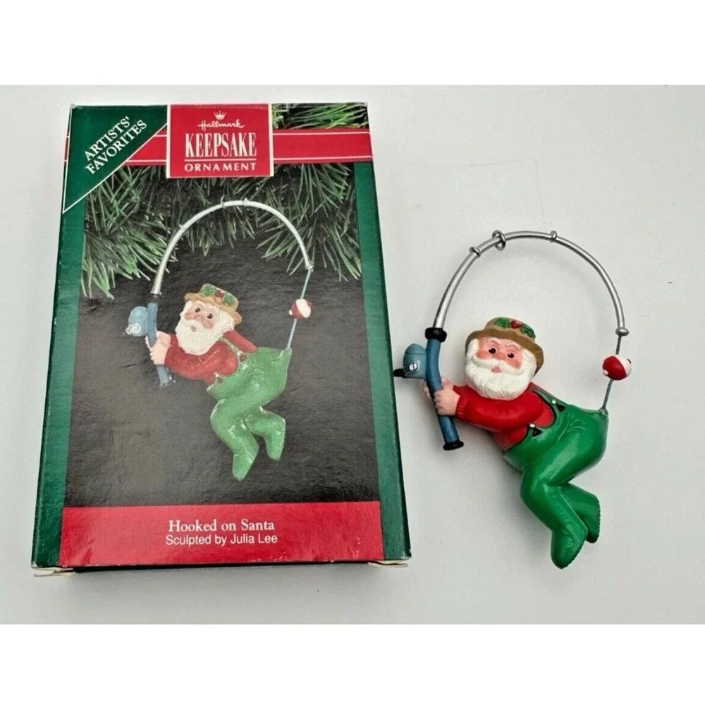 Vintage Hallmark Keepsake Hooked on Santa Fishing Pole Ornament‎ 1991  In Box